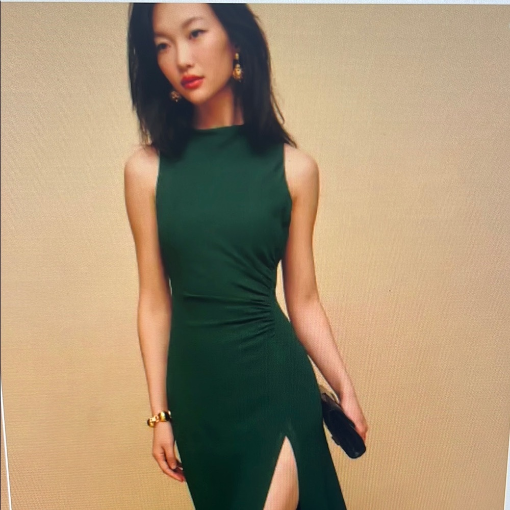 NWOT Reformation Green Ruched Halter Midi Dress